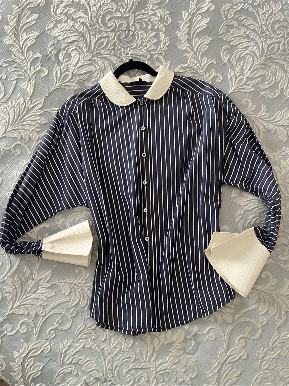 Striped Navy Button-Down Shirt with Contrast White Collar French cuffs oversized